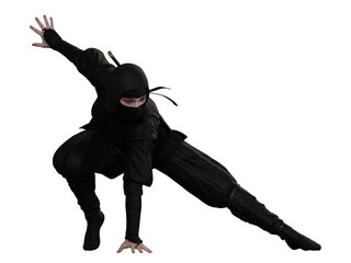 A  female ninja with red eye shadow poses for a landing on transparent background. Traditional ninja style. 3D illustration.