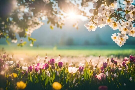 A vibrant Spring Background captured in a photograph, showcasing a field of blossoming flowers in various hues, bathed in soft sunlight