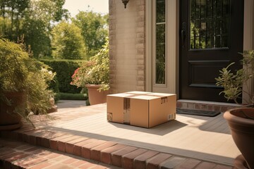 Home delivery convenience. Pile of cardboard packages at doorstep. Online shopping delight. Stack of parcels ready. Swift shipping service. Brown cardboard boxes arranged at entrance