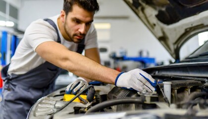 Car mechanic working on car engine in mechanics garage. Repair service