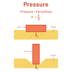 Solid pressure in physics. Surface area pressure. Brick applied force perpendicular to the surface. Sponge and brick. Scientific resources for teachers and students.