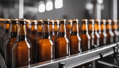 Brown glass beer drink alcohol bottles, brewery conveyor, modern production line - obrazy, fototapety, plakaty