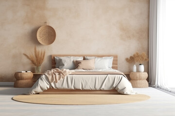 Stylish room interior with big comfortable bed. AI Generative