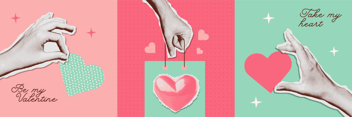 Halftone Valentines day collage covers set in contemporary mixed media style. Modern vector poster with dotted elements - hands and hearts. Concept of relationship, love, romance, valentine day.