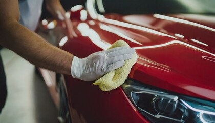  Car detailing - the man hands holds the polishing microfiber and car  - obrazy, fototapety, plakaty