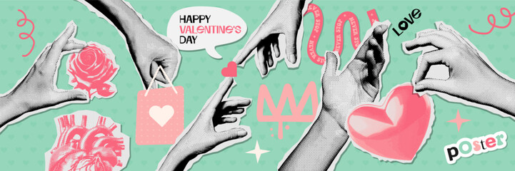 Creative set of Valentine's day greeting cards with Halftone hand and vintage Hearts, flowers. Contemporary Valentine Collage of Retro celebration poster for Social Media. 60s Vector stickers. - obrazy, fototapety, plakaty