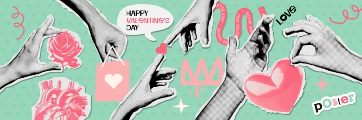 Foto op Aluminium Creative set of Valentine's day greeting cards with Halftone hand and vintage Hearts, flowers. Contemporary Valentine Collage of Retro celebration poster for Social Media. 60s Vector stickers. © LanaSham