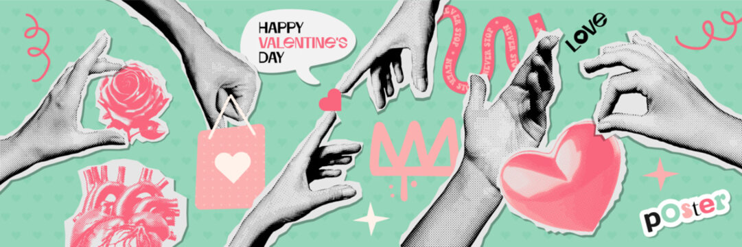 Creative set of Valentine's day greeting cards with Halftone hand and vintage Hearts, flowers. Contemporary Valentine Collage of Retro celebration poster for Social Media. 60s Vector stickers.