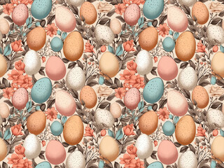 Seamless Easter pattern with colorful eggs and flowers.