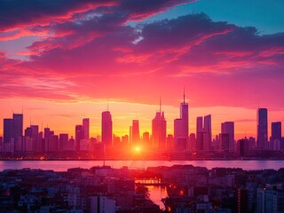 Fototapeta na wymiar A Colorful Sunset Over A City Skyline Generative AI