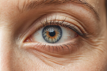 Close-up of female eye with signs of aging. - obrazy, fototapety, plakaty