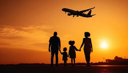 Fototapeta na wymiar family silhouettes at sunset against the backdrop of a passenger plane taking off