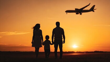 Fototapeta premium family silhouettes at sunset against the backdrop of a passenger plane taking off