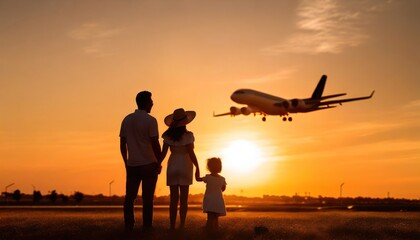 Fototapeta premium family silhouettes at sunset against the backdrop of a passenger plane taking off