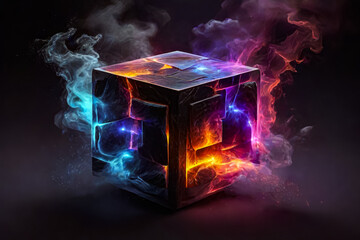 Futuristic stone cube with electric discharge. Dark background. AI	
