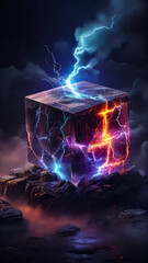 Futuristic stone cube with electric discharge. Dark background. AI	
