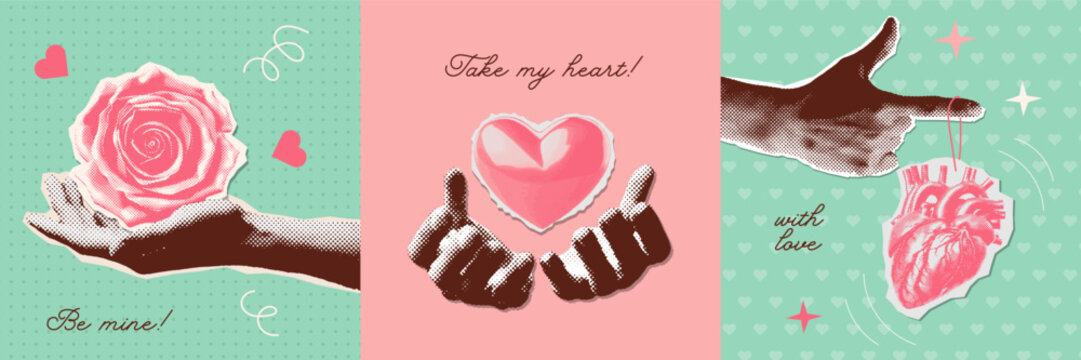 Hands in halftone for Valentine's day collage templates. Woman hands holding and giving halftone heart, rose. Paper cut out gifts for Valentine's Day. Retro vector illustrations set.