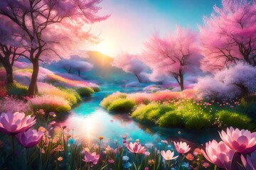 Fototapeta na wymiar A dreamy Spring Background transformed into an ethereal landscape, the flowers taking on a surreal glow, the colors enhanced to create a scene that feels like a fantasy realm within the spring season