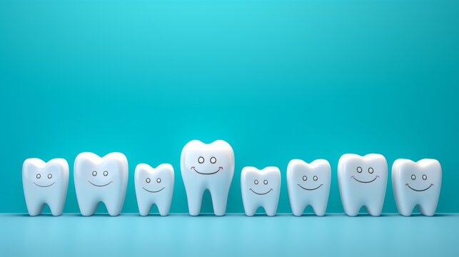 cheerful smiling tooth characters: bright and playful dental concept on turquoise background
