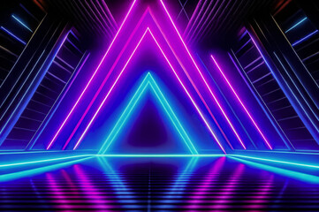 Fototapeta premium Futuristic landscape with triangular and neon elements. Fiction. AI 