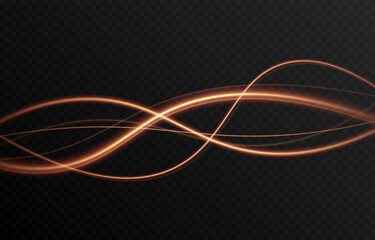 Vector golden glowing lines png. Magic lines of light. Speedy twisted lines. Light trail, glowing waves. Movement of energy flow. Light effect. PNG.