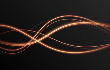 Vector golden glowing lines png. Magic lines of light. Speedy twisted lines. Light trail, glowing waves. Movement of energy flow. Light effect. PNG.