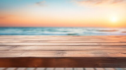 Fototapeta na wymiar Wooden tabletop with background of the sea, space for text marketing promotion