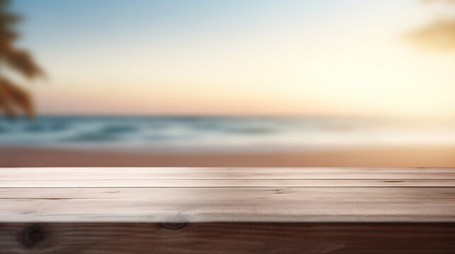 Wooden tabletop with background of the sea, copy space for text
