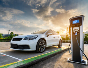 digital art of EV car with charging station - obrazy, fototapety, plakaty