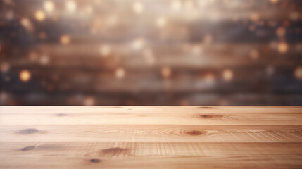 Empty wooden table desk for product display montages with blurry background