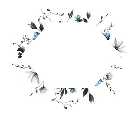 Watercolor painted floral hexagonal frame of blue, turquoise, gray, black chamomiles, poppies, wild little flowers, leaves, branches, herbs Hand drawn illustration. Watercolour artistic drawing.