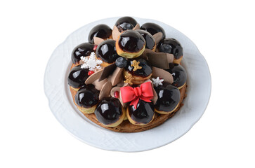 Profiterole Cake, St. Honore Cake with Christmas Decor on White Background