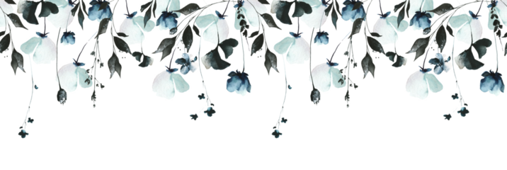 Watercolor painted floral seamless border of black, gray, blue, turquoise rose, little wild flowers, leaves, branches. Hand drawn illustration. Watercolour artistic drawing.