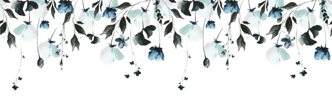 Watercolor painted floral seamless border of black, gray, blue, turquoise rose, little wild flowers, leaves, branches. Hand drawn illustration. Watercolour artistic drawing.