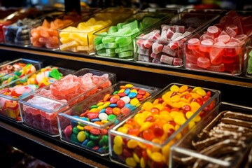 A nostalgic journey through a vintage candy store featuring a colorful variety of licorice candies - obrazy, fototapety, plakaty
