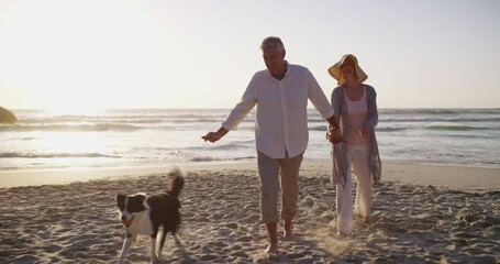 Senior couple, beach or walk dog in nature for care support, fun or relax on weekend adventure. Mature man, woman and stroll with pet by ocean, family love and health wellness in florida on vacation - Powered by Adobe