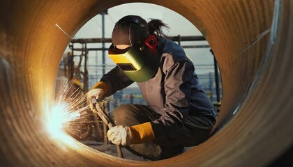 Heavy Industry Welder Working, Welding Inside Pipe. Construction of NLG Natural Gas and Fuels Transport Pipeline 