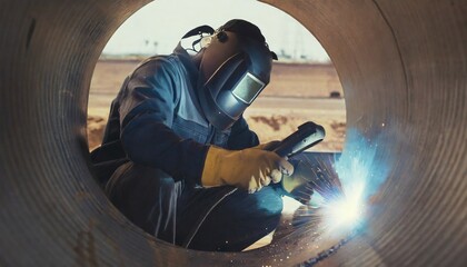 Heavy Industry Welder Working, Welding Inside Pipe. Construction of NLG Natural Gas and Fuels Transport Pipeline 