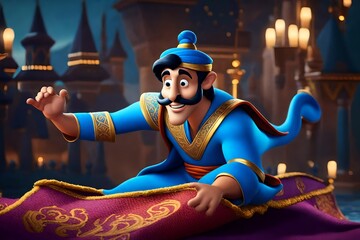 A men from the cartoon rides a flying carpet.