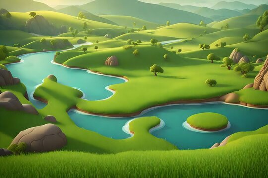 Fantastic, realistic-looking fantasy land with grass, hills, rivers, and trees. Realistic cartoon-style scene design, concept illustration, and digital computer graphics artwork for video games.