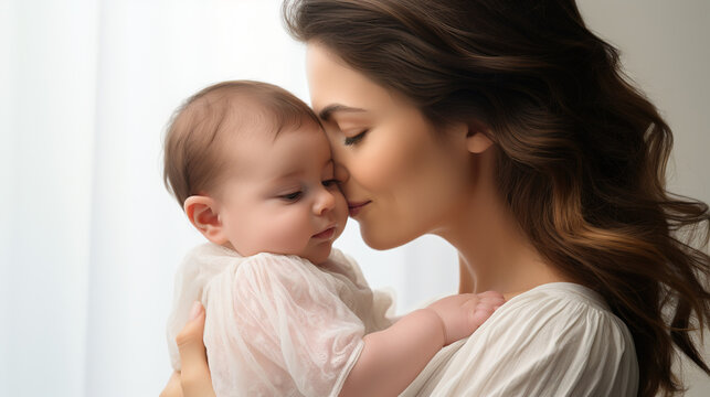 Mother's day. Young Caucasian woman holding and kissing her baby with love.