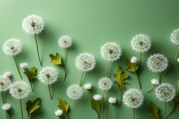 banner with dandelion flowers on a light green background. Greeting card template for wedding, mother's day or women's day. Spring composition with copy space. Flat style