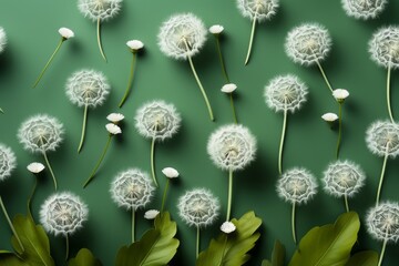 banner with dandelion flowers on a light green background. Greeting card template for wedding, mother's day or women's day. Spring composition with copy space. Flat style