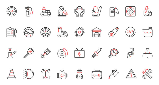 Workshop garage equipment, mechanic tools to repair engine, change tires, road safety sign, and emergency call vector illustration. Trendy red black thin line icons for car maintenance service.