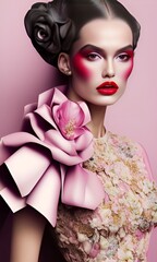 woman with pink flowers. generative ai
