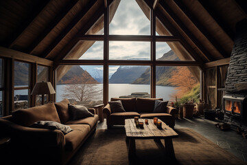 Living room Norway cottage home style indoor room - obrazy, fototapety, plakaty