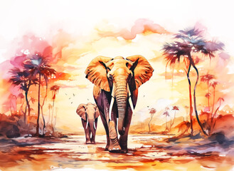 Watercolor Abstract Painting of Elephants walking in Sunset Light - obrazy, fototapety, plakaty
