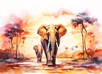Foto op Aluminium Watercolor Abstract Painting of Elephants walking in Sunset Light © ChinnishaArts