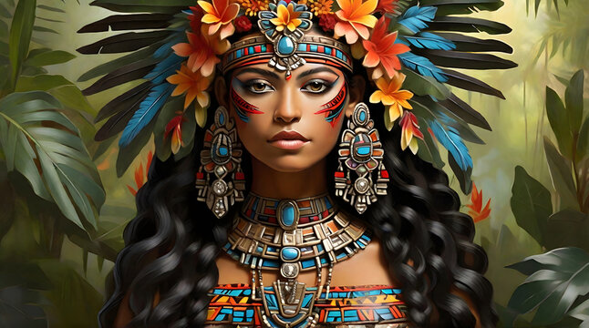 Image of an Aztec princess in traditional ceremonial clothing with jewelry in front of tropical plants