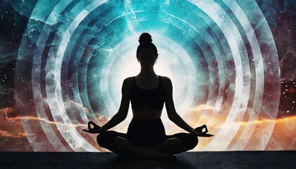  Silhouette of woman in lotus yoga position on the abstract positive energy background - obrazy, fototapety, plakaty